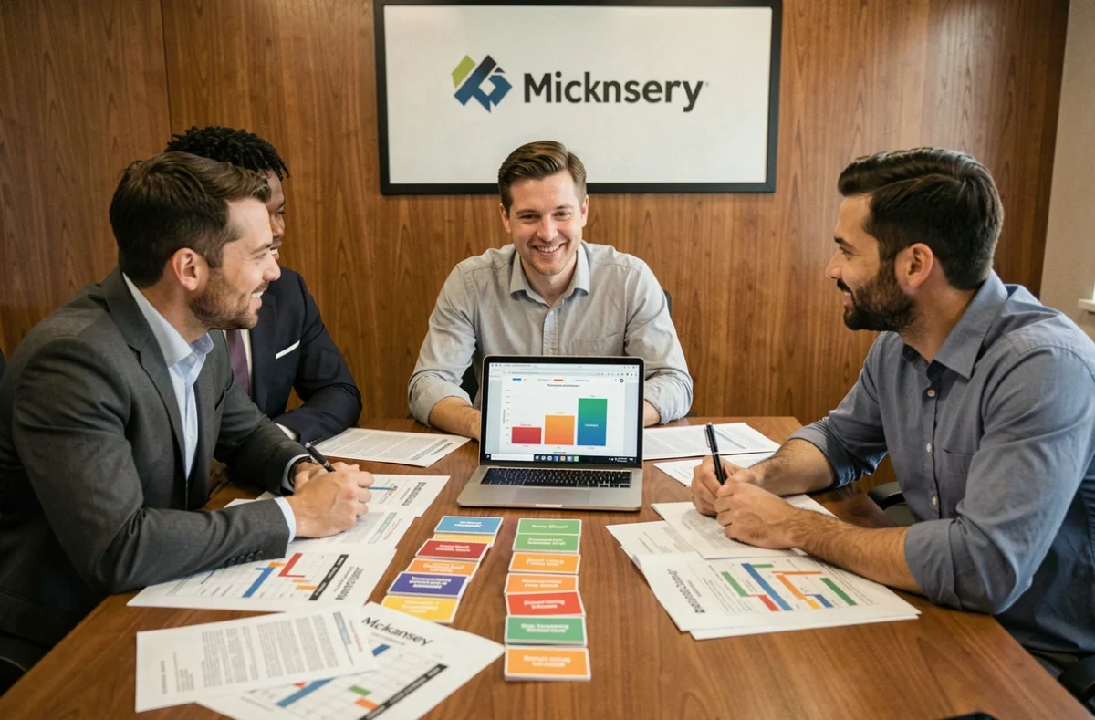 Équipe marketing collaborant autour d'une matrice McKinsey et de fiches produits sur une table de réunion