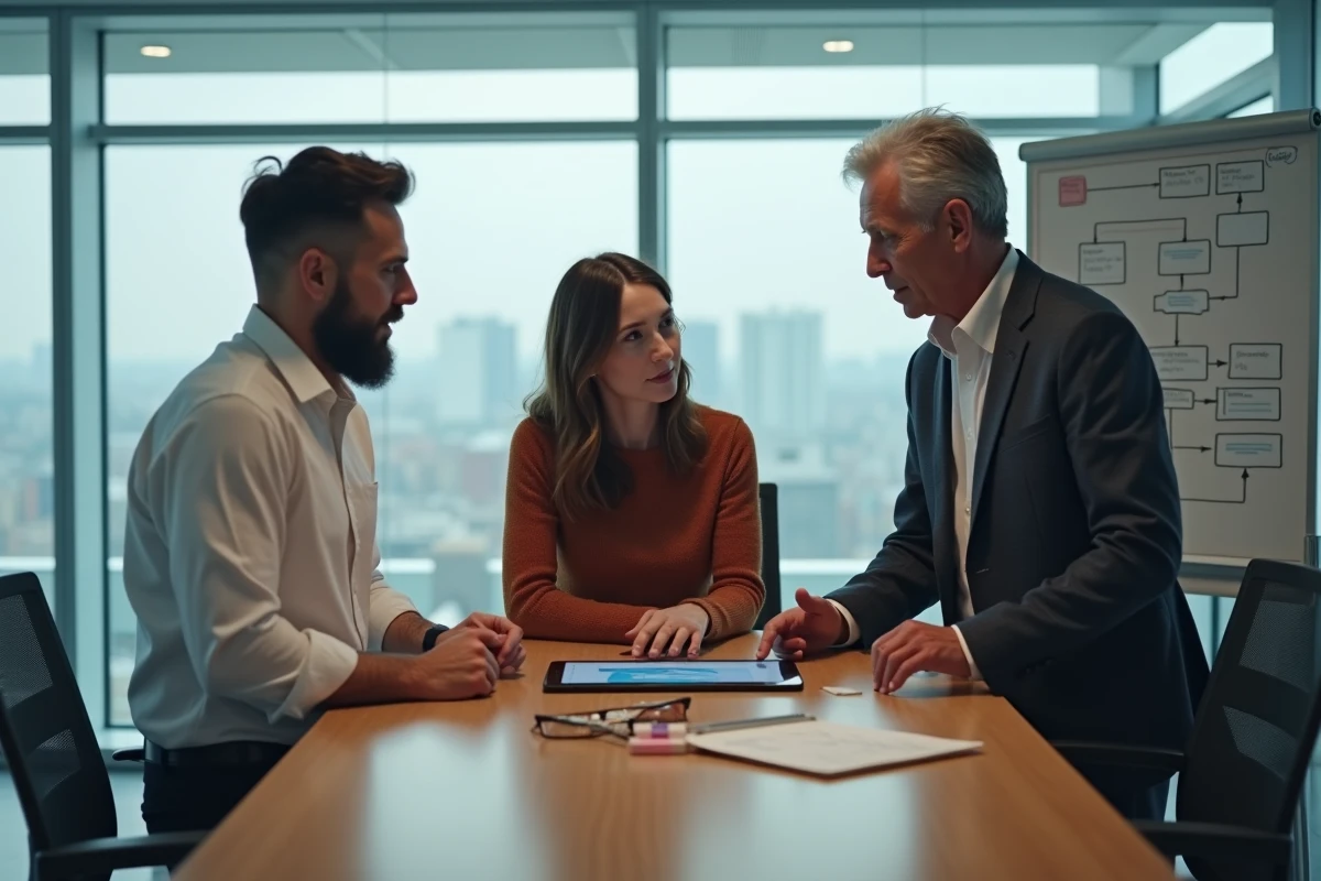 Équipe métier collaborant autour d'une interface de gestion des rôles et des accès utilisateurs en salle de réunion
