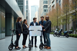 Groupe de jeunes professionnels avec vélos électriques en ville