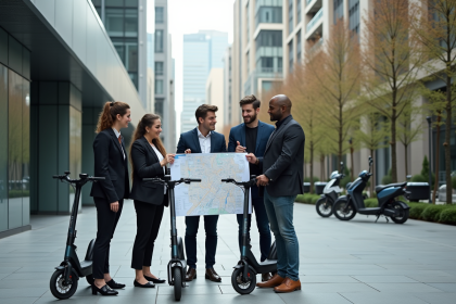 Groupe de jeunes professionnels avec vélos électriques en ville