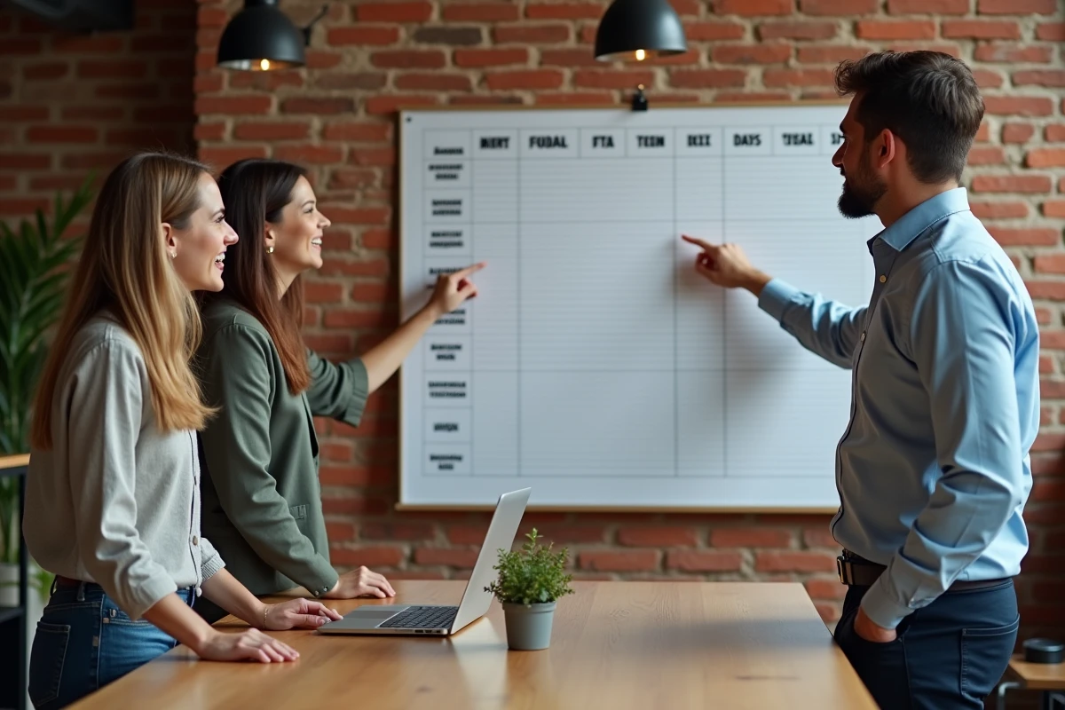 Équipe professionnelle discutant du nombre de jours ouvrables 2026 autour d'un planning mural