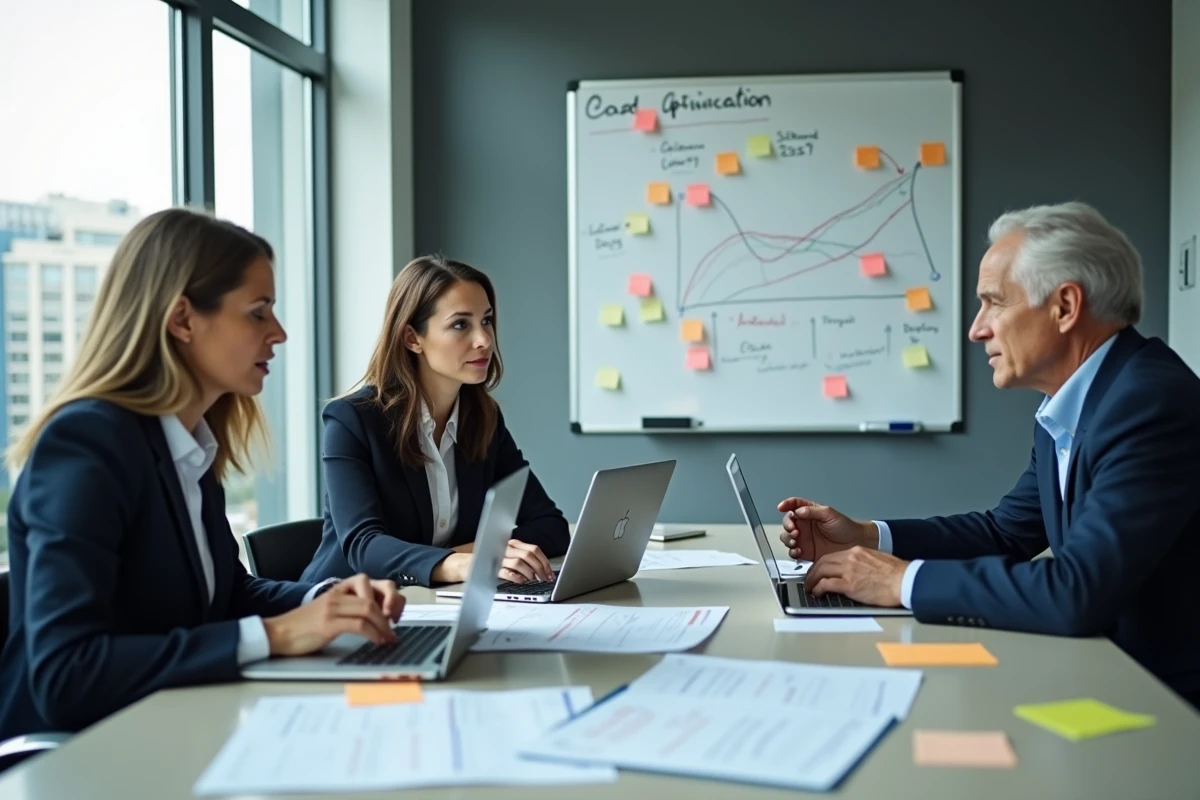 Équipe de professionnels en réunion autour d'une table de conférence pour optimiser les coûts d'une agence de staffing compliance
