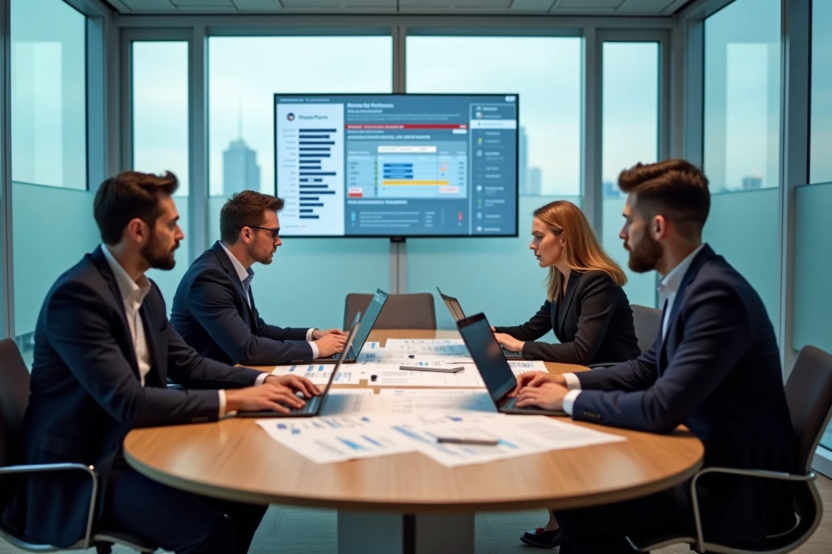 Équipe pluridisciplinaire en réunion stratégique autour d'une table analysant des tableaux de bord de transformation numérique