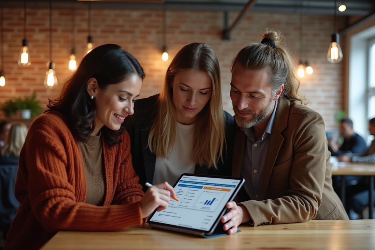 Équipe RH et managers comparant les prix d'une formation en ligne sur tablette dans un espace coworking