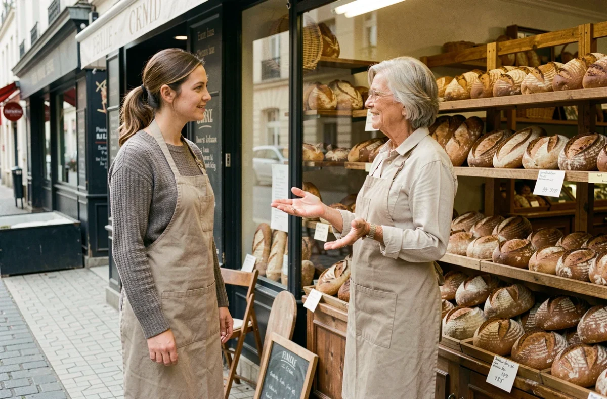 Deux vendeuses en boulangerie discutant devant un étalage de pains frais dans une boutique de quartier