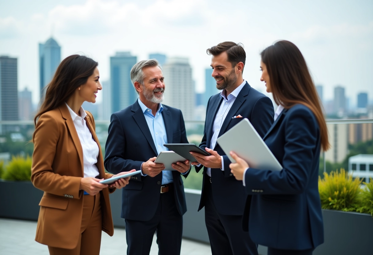 Groupe de quatre professionnels sur un rooftop en discussion
