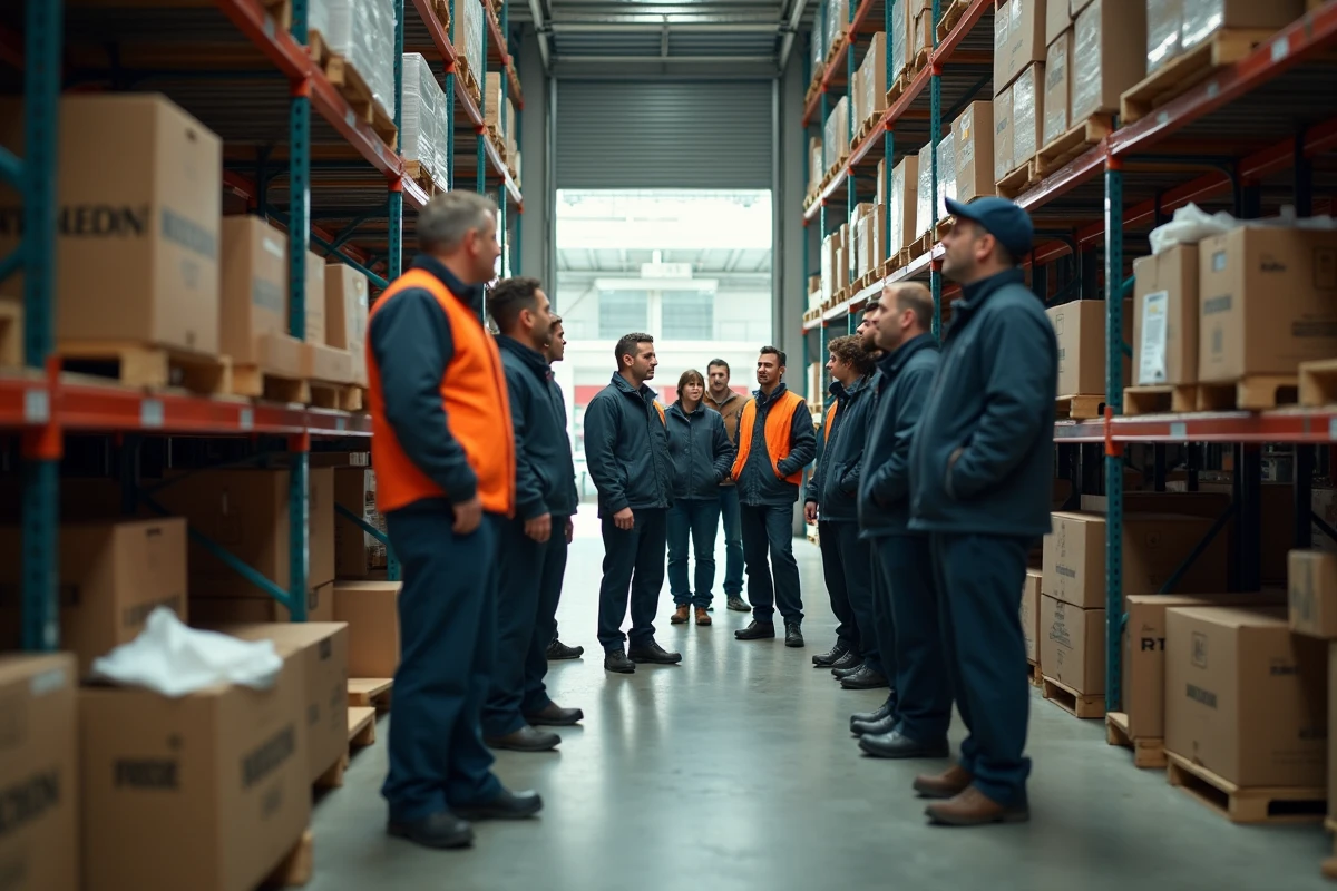 Groupe de travailleurs dans un entrep&ocirc;t vide