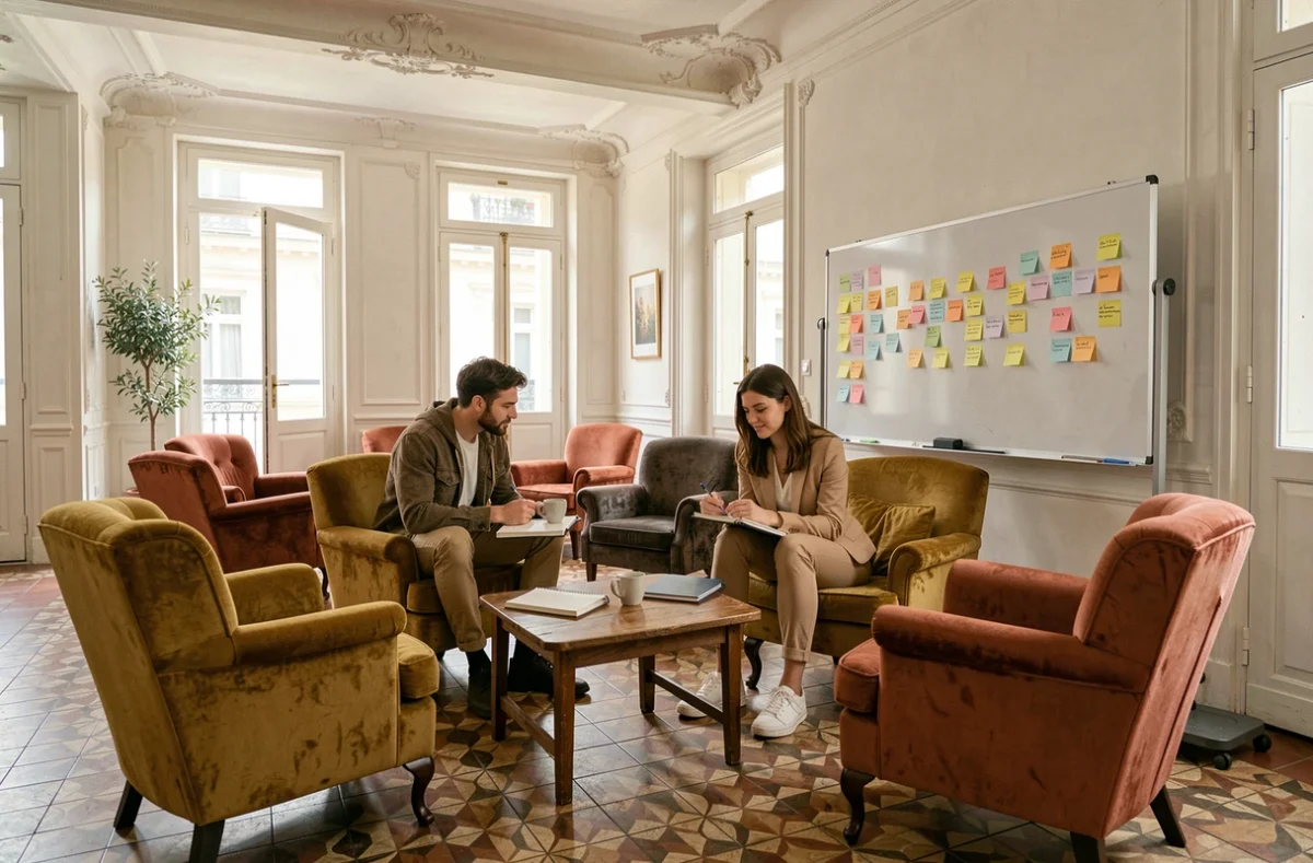 Espace lounge de coworking dans un bâtiment rénové à Toulon avec deux professionnels en discussion