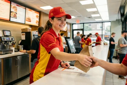 Étudiante en uniforme McDonald's servant un client au comptoir lors d'un contrat week-end