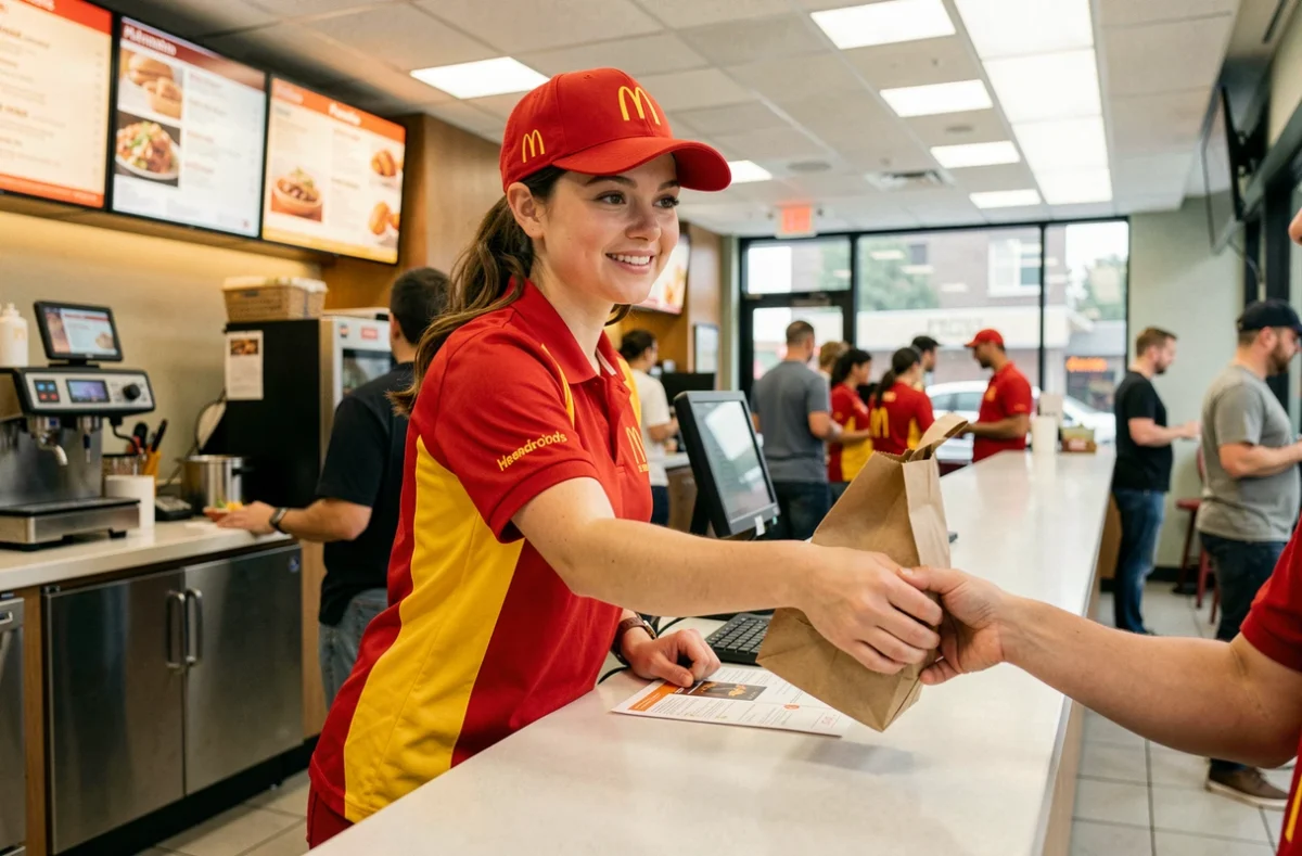 Étudiante en uniforme McDonald's servant un client au comptoir lors d'un contrat week-end