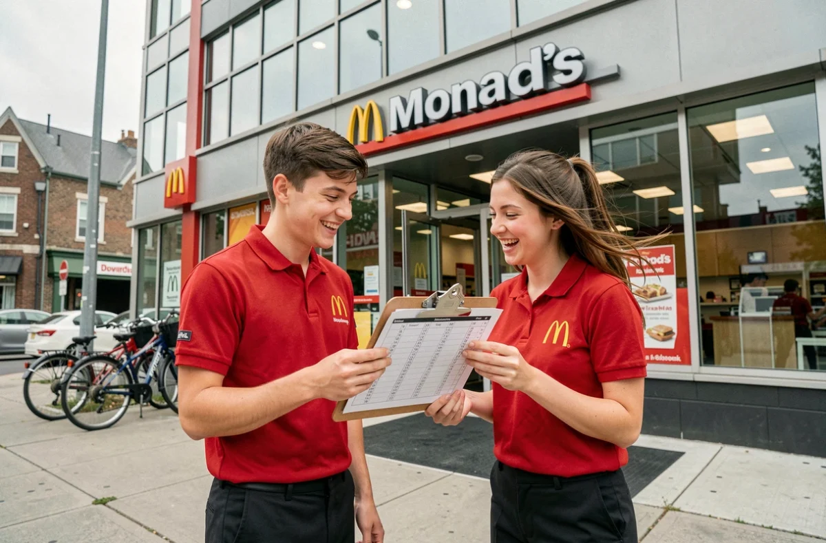 Deux étudiants en uniforme McDonald's consultant leur planning week-end devant le restaurant