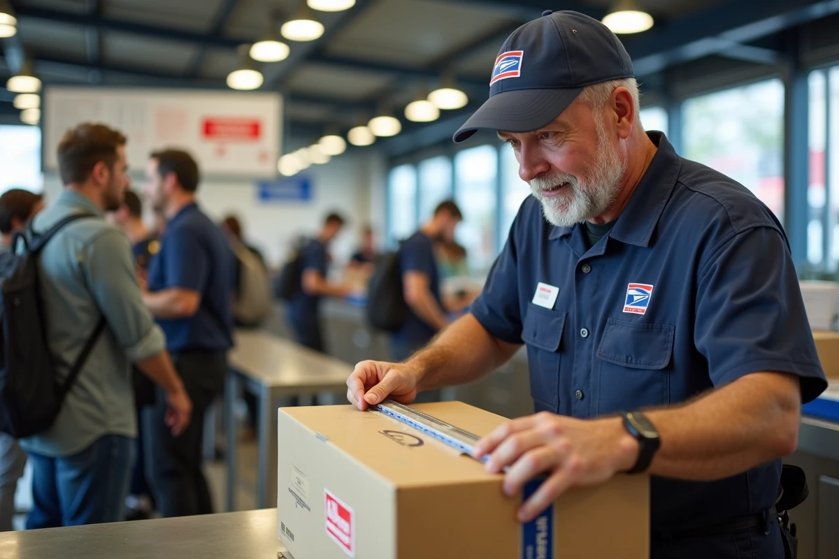 Facteur v&eacute;rifie un colis Colissimo au comptoir de la poste