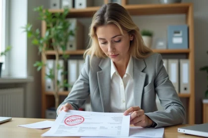 Femme professionnelle examinant une facture acquitt&eacute;e dans un bureau administratif moderne
