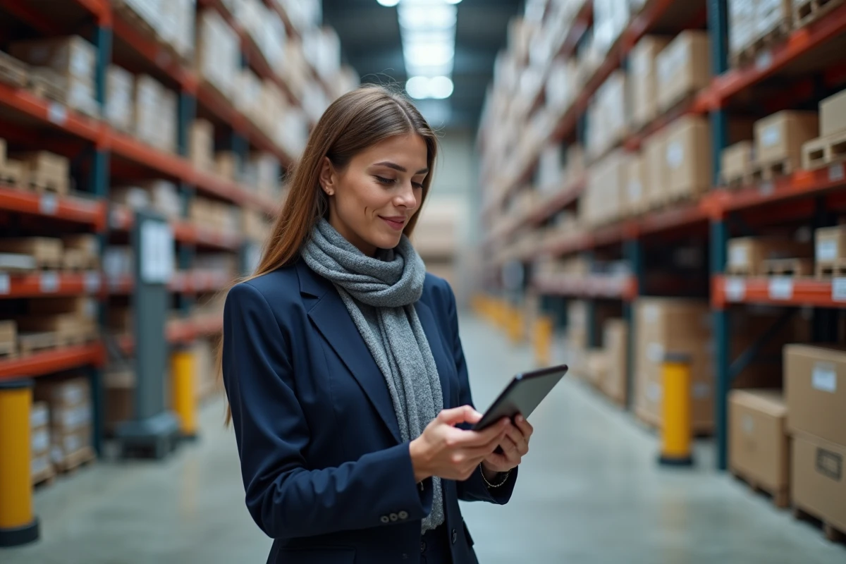 Femme d'affaires dans un entrepôt logistique parisien