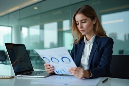 Femme d'affaires en r&eacute;union analysant un rapport dans un bureau moderne