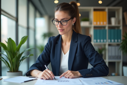 Femme d'affaires examinant des documents financiers dans un bureau moderne
