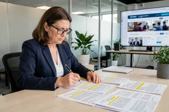 Femme d'affaires analysant les frais cachés d'une inscription à un événement professionnel