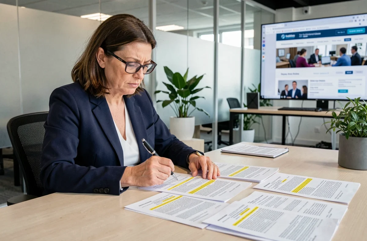Femme d'affaires analysant les frais cachés d'une inscription à un événement professionnel