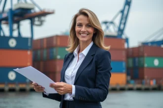 Femme d'affaires canadienne au port maritime