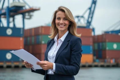 Femme d'affaires canadienne au port maritime