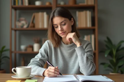 Femme organisant ses priorit&eacute;s dans un agenda papier avec des notes autocollantes color&eacute;es sur un bureau en bois, m&eacute;thode de gestion du temps