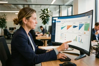 Femme analyste CRM travaillant sur un tableau de bord data marketing dans un bureau moderne à Paris