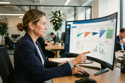 Femme analyste CRM travaillant sur un tableau de bord data marketing dans un bureau moderne à Paris