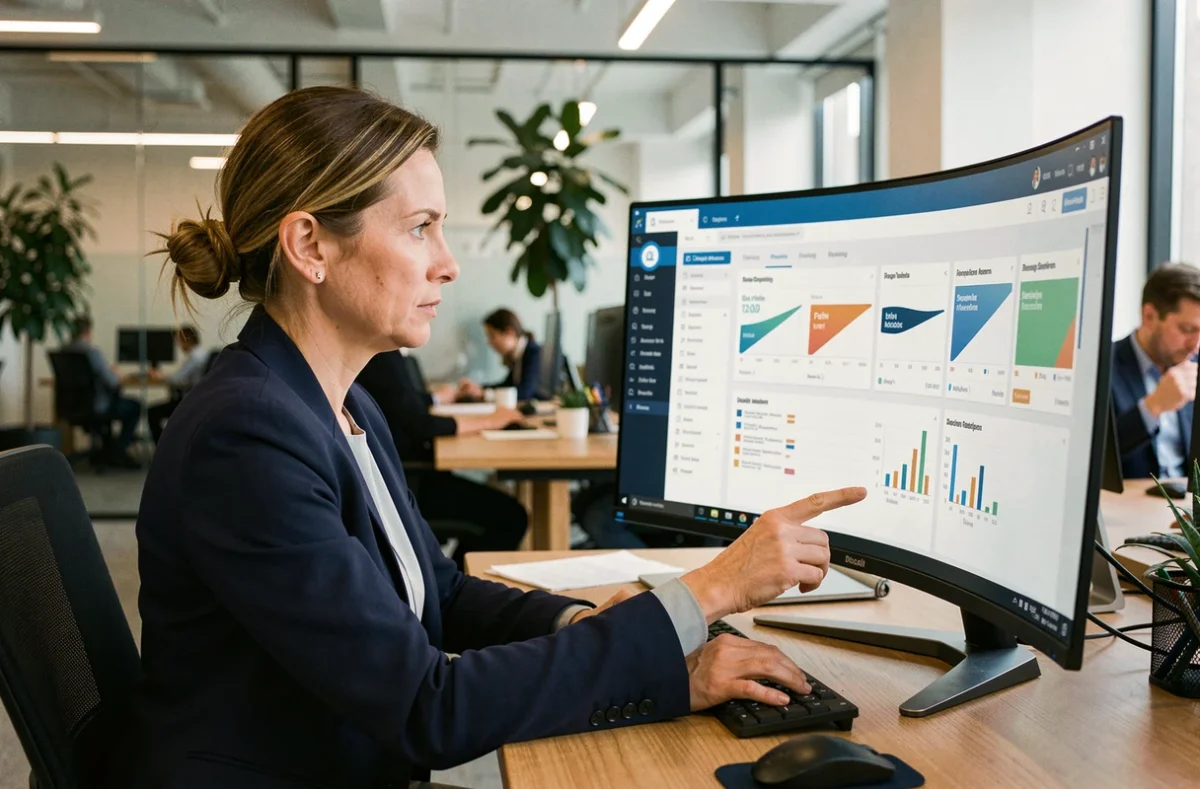 Femme analyste CRM travaillant sur un tableau de bord data marketing dans un bureau moderne à Paris
