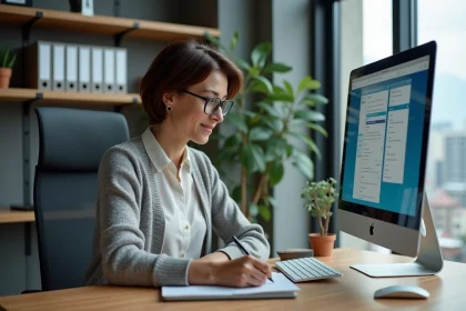 Femme d'&acirc;ge moyen utilisant un intranet au bureau