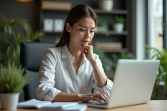 Femme en bureau moderne travaillant sur son ordinateur