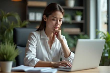 Femme en bureau moderne travaillant sur son ordinateur