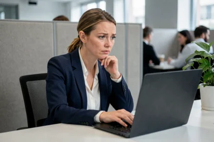 Femme au bureau regardant un écran d'ordinateur avec une expression perplexe, illustrant un problème logiciel Talentsoft LPCR