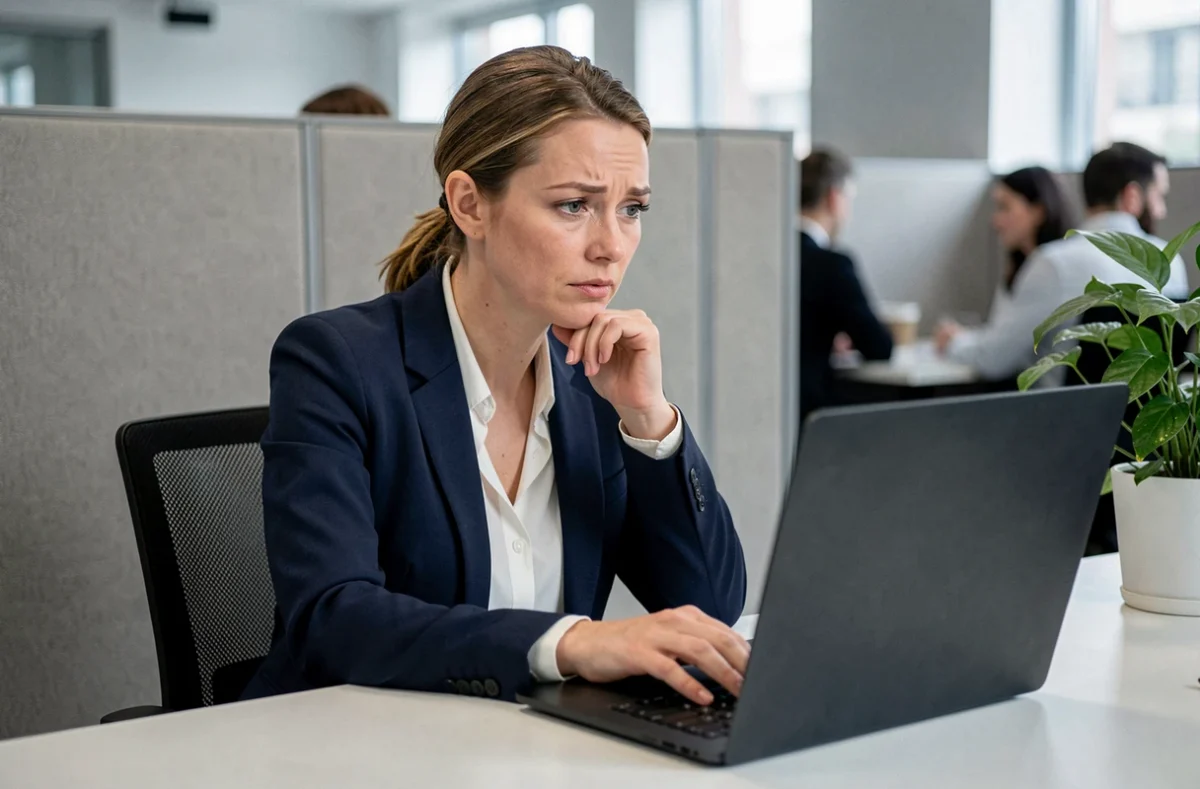 Femme au bureau regardant un écran d'ordinateur avec une expression perplexe, illustrant un problème logiciel Talentsoft LPCR