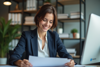 Femme d affaires souriante dans un bureau moderne