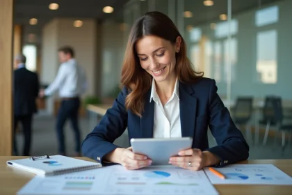 Femme d'affaires souriante en blazer navy travaillant