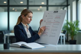 Femme cadre consultant un calendrier 2026 au bureau pour analyser les jours ouvrables