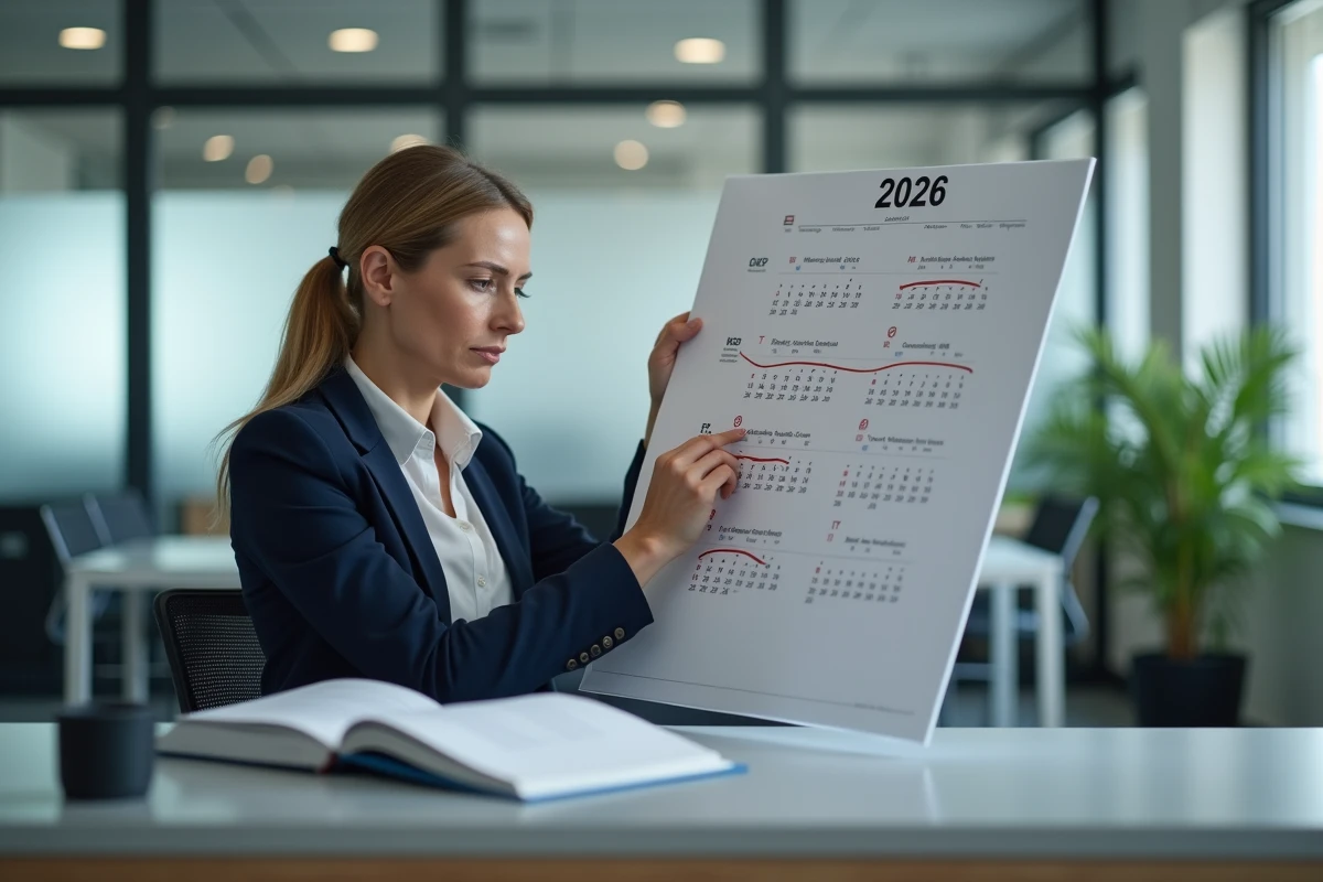 Femme cadre consultant un calendrier 2026 au bureau pour analyser les jours ouvrables