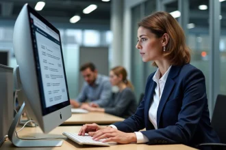 Femme cadre consultant son espace RH MaBoxRH La Poste sur un ordinateur de bureau en open-space