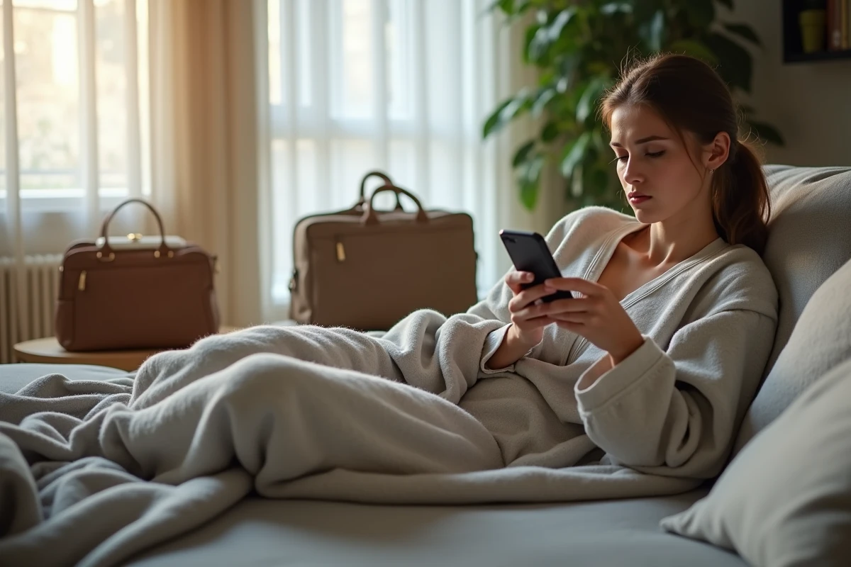 Jeune femme allongée sur son canapé en tenue décontractée avec son téléphone, son sac de travail posé près de la porte
