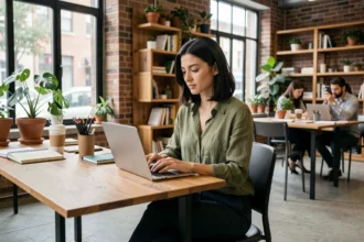 Femme travaillant dans un espace de coworking moderne à Mont-de-Marsan avec bureau en bois et plantes vertes