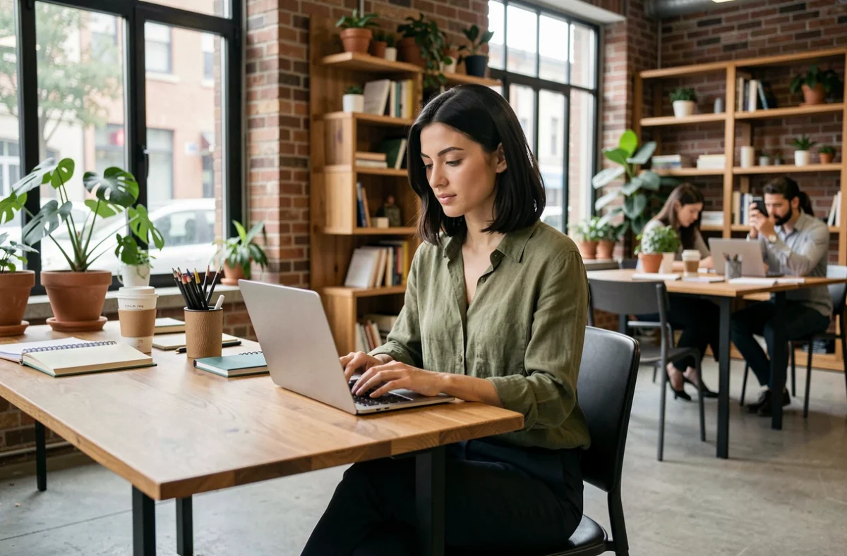 Femme travaillant dans un espace de coworking moderne à Mont-de-Marsan avec bureau en bois et plantes vertes