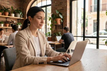 Femme travaillant dans un espace de coworking moderne à Toulon avec ordinateur portable sur bureau en bois