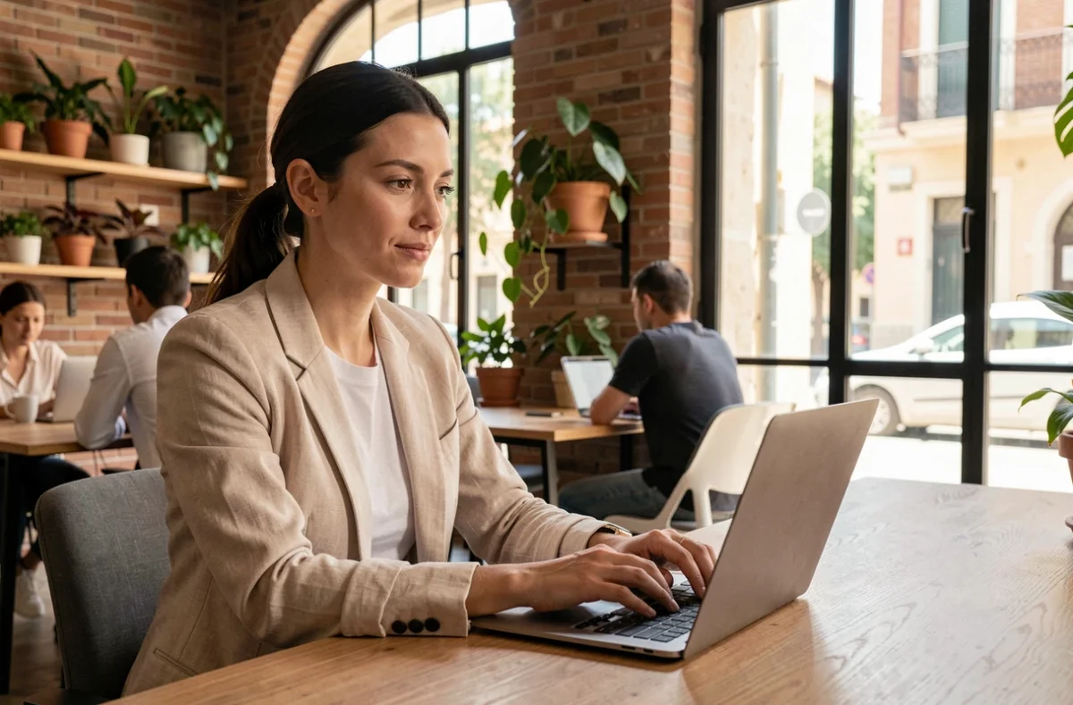 Femme travaillant dans un espace de coworking moderne à Toulon avec ordinateur portable sur bureau en bois