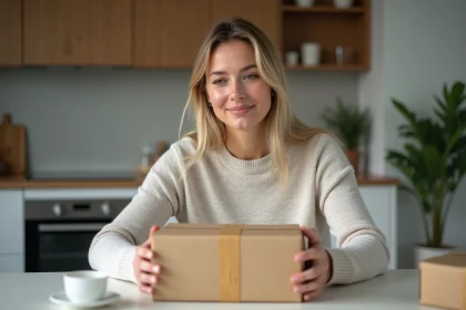Femme d&eacute;ballant un colis dans une cuisine moderne