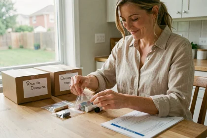 Femme travaillant à domicile en emballant des échantillons de cosmétiques sur une table en bois organisée