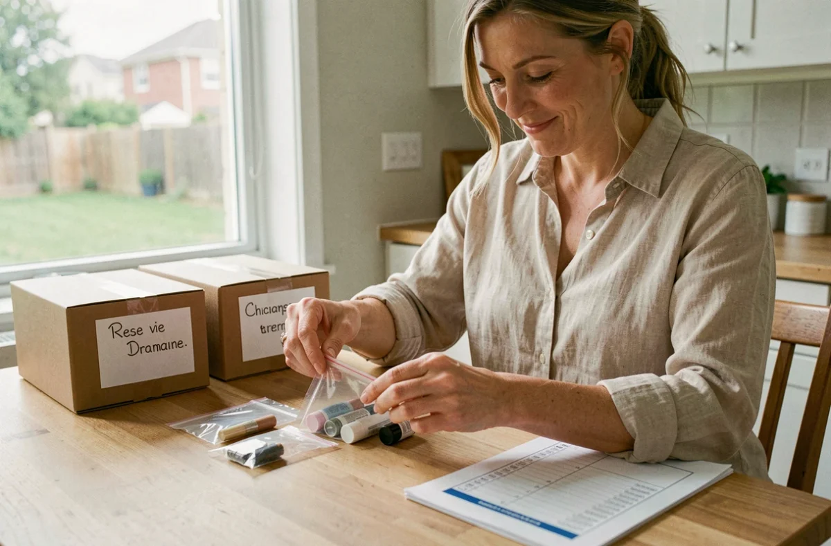Femme travaillant à domicile en emballant des échantillons de cosmétiques sur une table en bois organisée