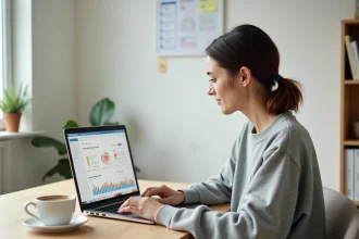 Femme entrepreneur travaillant sur son business solo depuis un bureau minimaliste avec un tableau de bord e-commerce ouvert sur son ordinateur portable