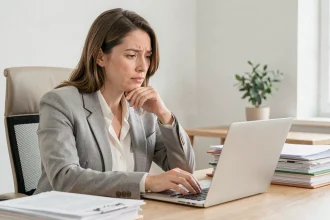 Femme entrepreneur comparant les plateformes INPI Guichet unique et Legalstart sur son ordinateur portable dans un bureau à domicile