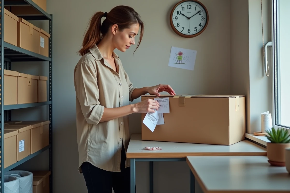 Femme parent travaillant à domicile dans un espace dédié à l'emballage de colis avec une organisation rigoureuse