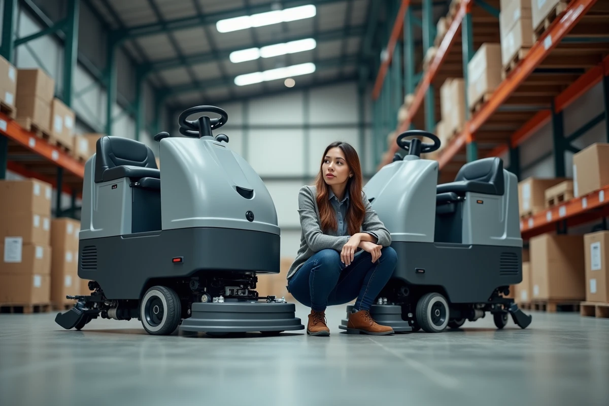 Femme gestionnaire vérifiant deux modèles de nettoyeurs dans un entrepôt